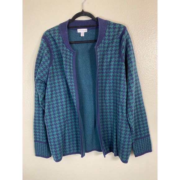 Susan Graver Cardigan Sweater Blue Green Houndstooth Women XL Christmas Holiday - Picture 12 of 15